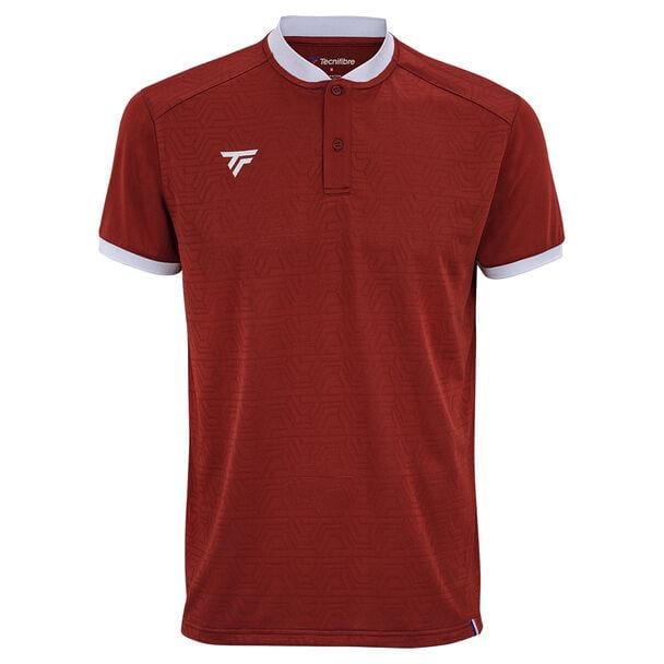 The Tecnifibre Men's Team Badminton Mesh Polo Shirt in Cardinal provides a contemporary style, showcasing a maroon color with a subtle geometric design. It is designed for maximum breathability, featuring a small white logo on the left chest and contrasting white accents on the collar and sleeve edges. The shirt is completed with a three-button maroon placket.