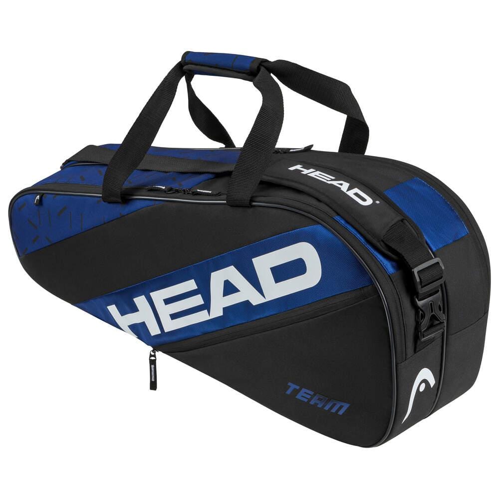 The HEAD Team 6 Racket Badminton Bag M - BLBK is a stylish black and blue bag designed for badminton enthusiasts, featuring a versatile 2-way carry system with both handle and shoulder strap options. It prominently displays the bold white "HEAD" logo and includes multiple compartments and zippers, allowing you to organize your sports gear with ease.