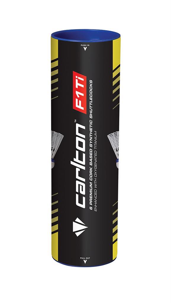 A cylindrical tube of Carlton F1 Ti White Fast Badminton Nylon Shuttlecocks, showcasing a black and yellow design with the Carlton branding. The package is marked "Tube 6" containing premium nylon shuttlecocks that include a cork base and durable skirt, enhanced with titanium.