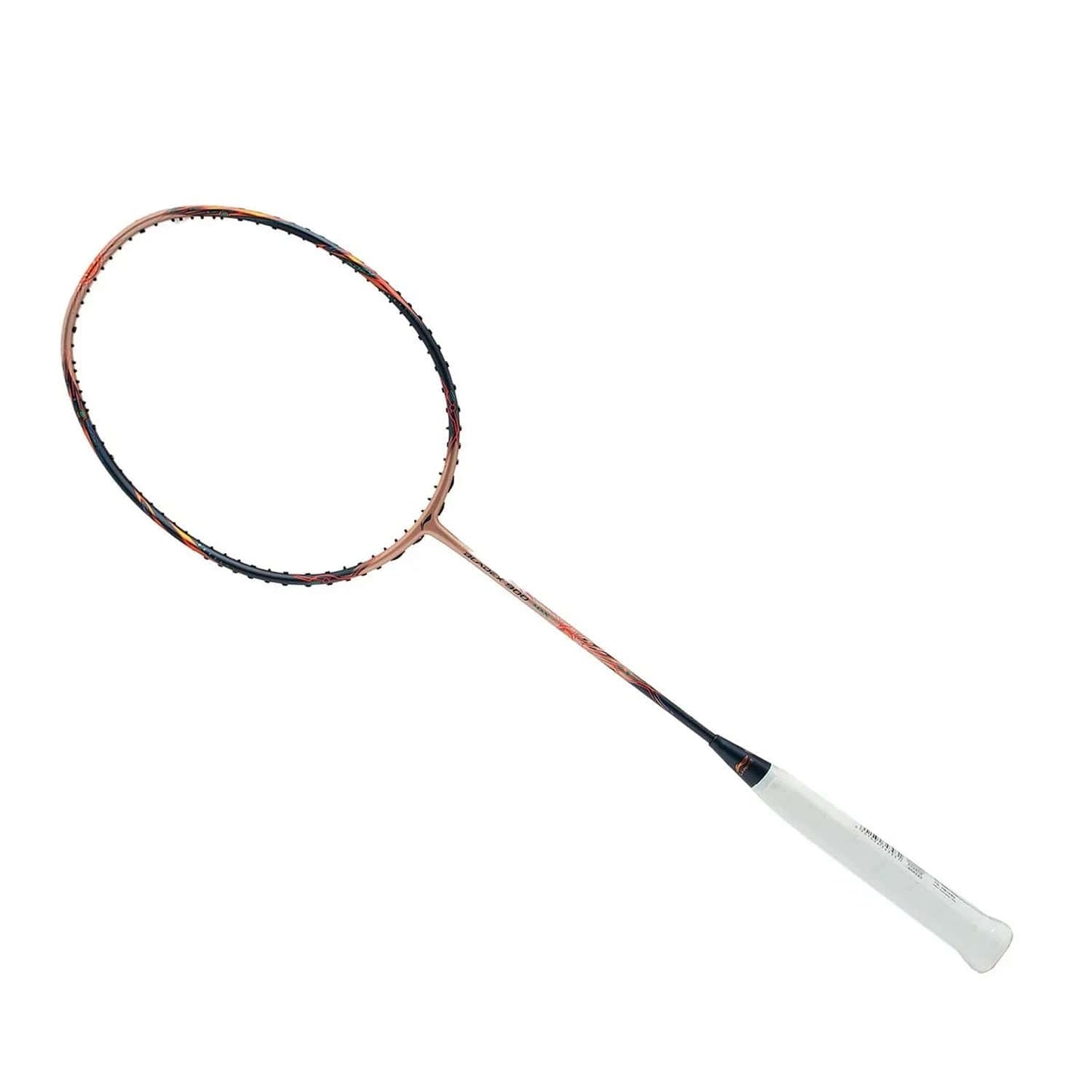 The Li-Ning BladeX 900 Sun Max 3U Badminton Racket, a professional-grade product from Li-Ning, boasts an eye-catching red copper frame with a white grip. Set against a plain white background, the racket is artistically positioned diagonally from the bottom left to the top right, highlighting its streamlined design.