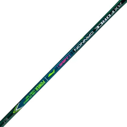 Close-up of a black and green badminton racket labeled "Axforce Cannon" with neon green and pink accents, showcasing its potential for offensive play. The branding "Li-Ning" is visible. The racket tapers to a narrow tip, highlighting its sleek design enhanced by high carbon technology.