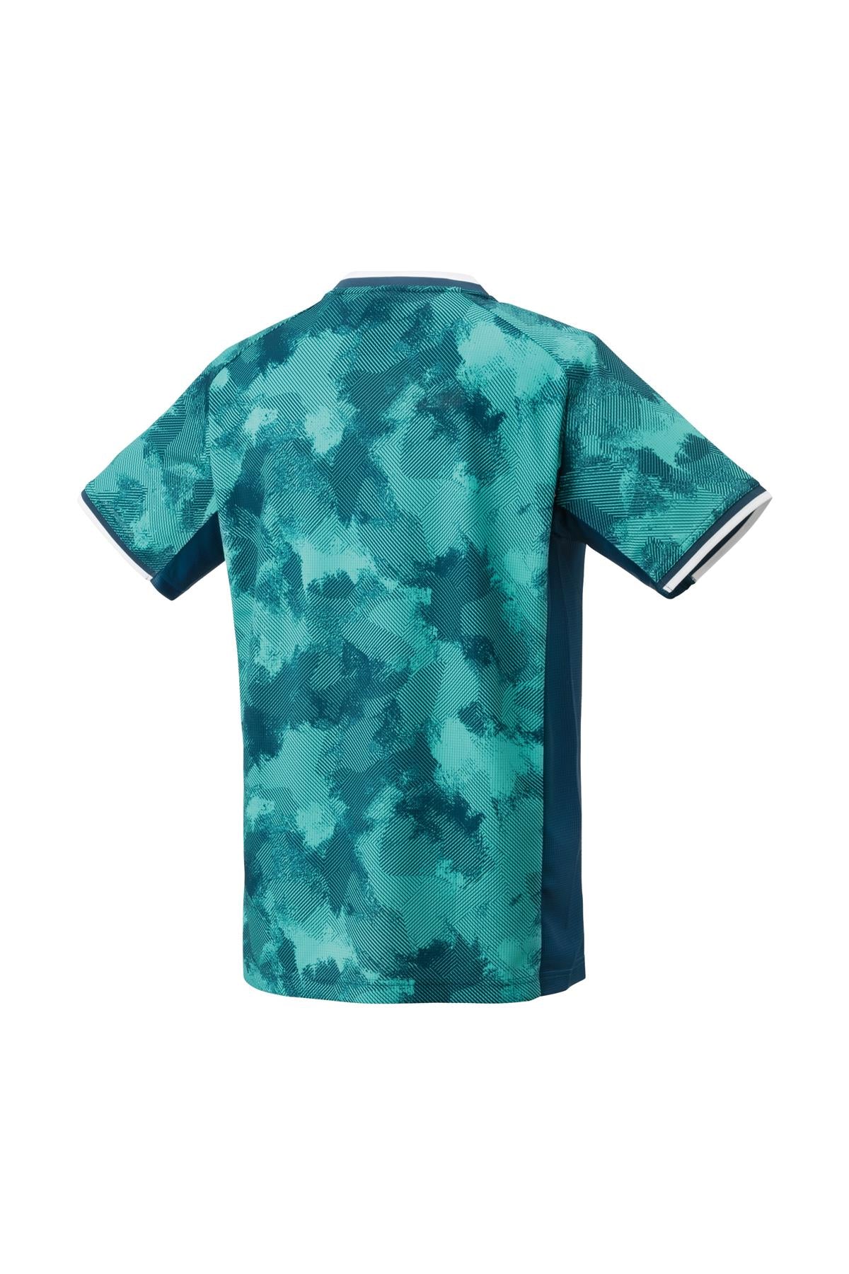 A short-sleeved Yonex 10575 Crew Neck Men's Badminton T-shirt in a camouflage pattern with shades of teal and dark green. It features contrasting trim on the cuffs, neckline, and sides, enhanced with VeryCool Dry technology for optimal performance. The jersey is shown from the back.