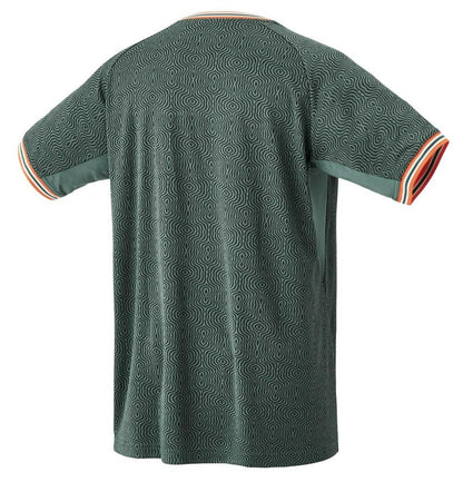 The back view of the Yonex 10560 Men's Badminton T-Shirt in Olive Green highlights its wavy pattern, accented by orange, white, and green striped cuffs and collar. This moisture-wicking design features unique detailing across the entire back, making it ideal for a performance tournament.