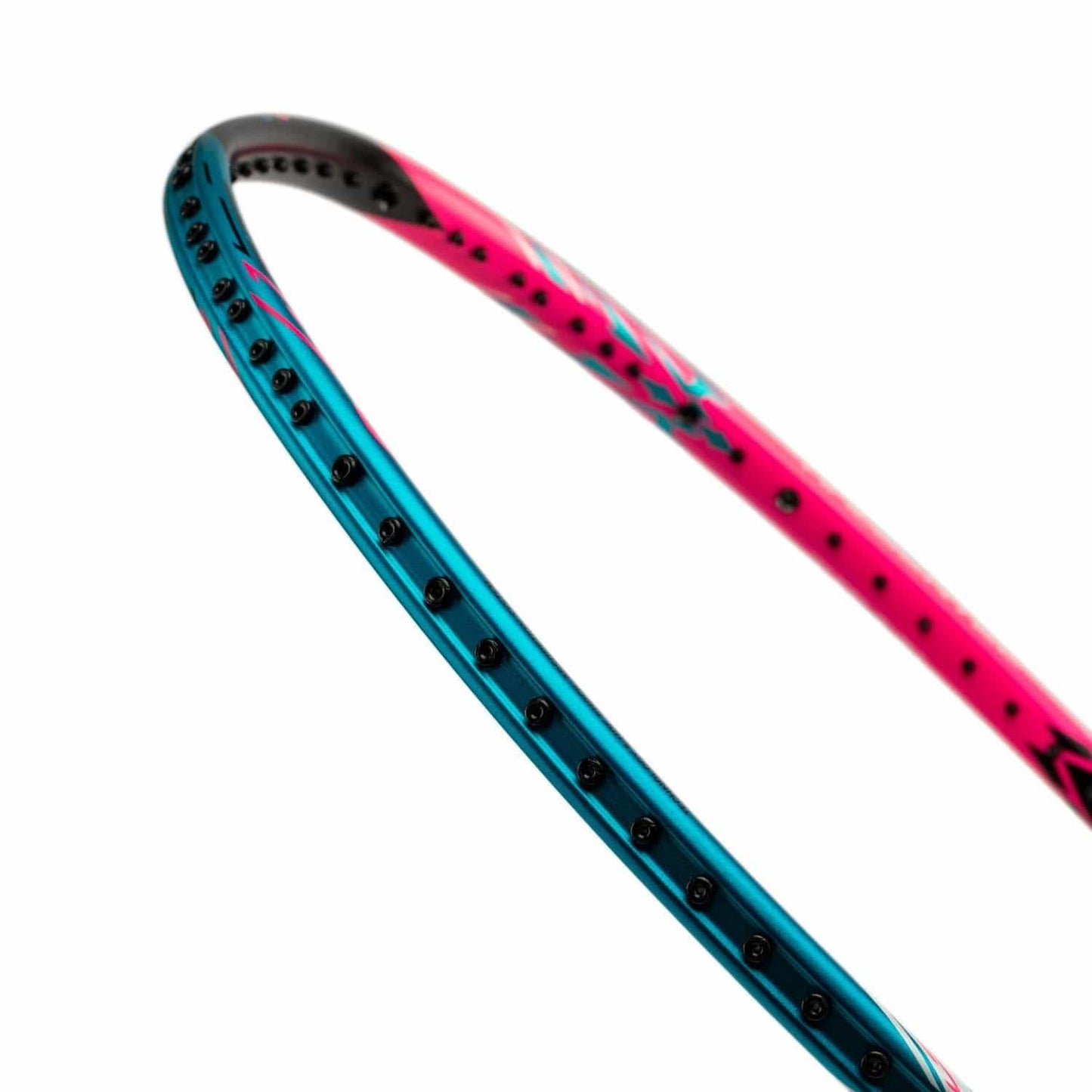 Close-up of the Li-Ning Halbertec 8000 3U badminton racket frame, crafted from military-grade carbon fibre. The vibrant design features a neon iridescent pink abstract pattern on the top half and capri breeze with black detailing on the bottom half, showcasing string holes along the durable frame.