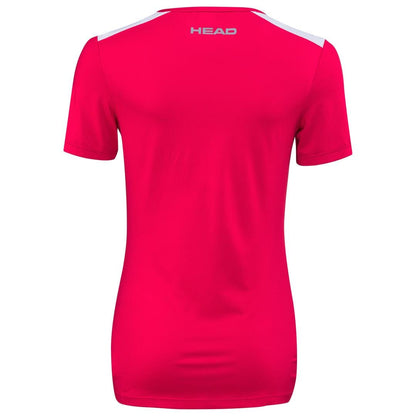 Back view of the HEAD Women's Club Tech 22 Badminton T-Shirt in magenta, showcasing short sleeves with white shoulder accents and "HEAD" in white on the upper back. Designed with moisture transfer microfiber, this shirt is ideal for enthusiasts of HEAD women's sportswear seeking both style and performance.