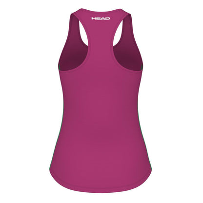 Introducing the HEAD Spirit Women's Badminton Tank Top in Vivid Pink. Specifically designed for sportswear enthusiasts, this racerback tank features advanced Moisture Transfer Microfibre technology and showcases the HEAD brand name on the upper back.