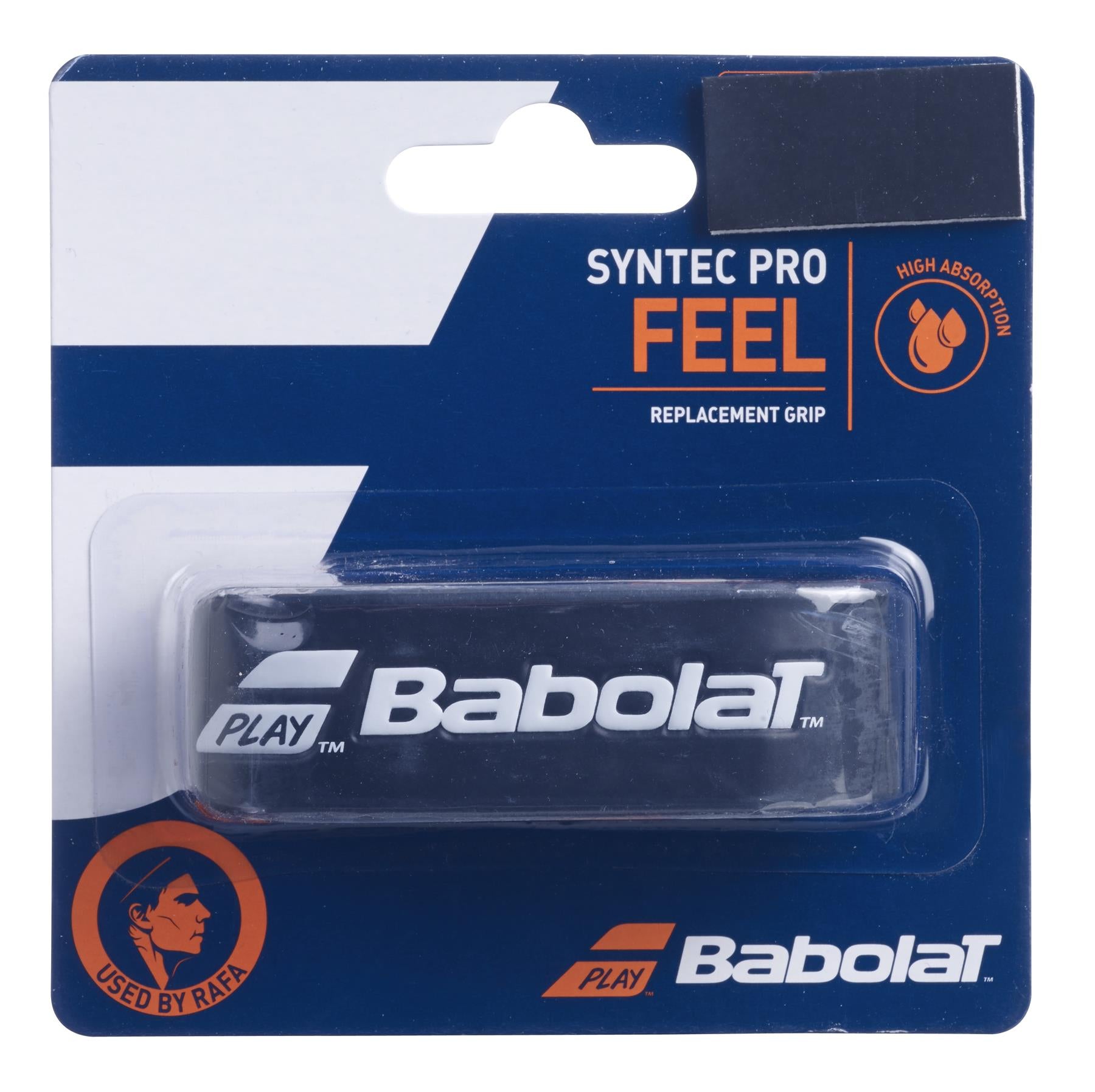 A Babolat Syntec Pro X1 Replacement Badminton Grip package, ideal for badminton rackets. The packaging is sleek black, featuring the Babolat logo and emphasizing an absorbent grip designed to enhance your game.