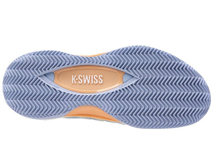 Close-up of the K-Swiss Hypercourt Supreme 2 HB Women's Badminton Shoes - Star White / Heather sole, showcasing a herringbone tread pattern in blue with the brand name "K-Swiss" prominently featured in the center. The Durawrap X technology enhances its durability, and light orange accents highlight the midsole area.