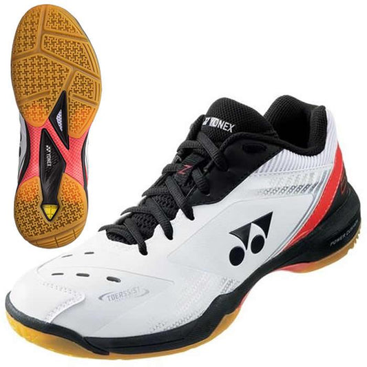 A close-up of the Yonex Power Cushion 65Z3 badminton shoe in white and red, highlighting its Toe Assist Shape for enhanced performance.