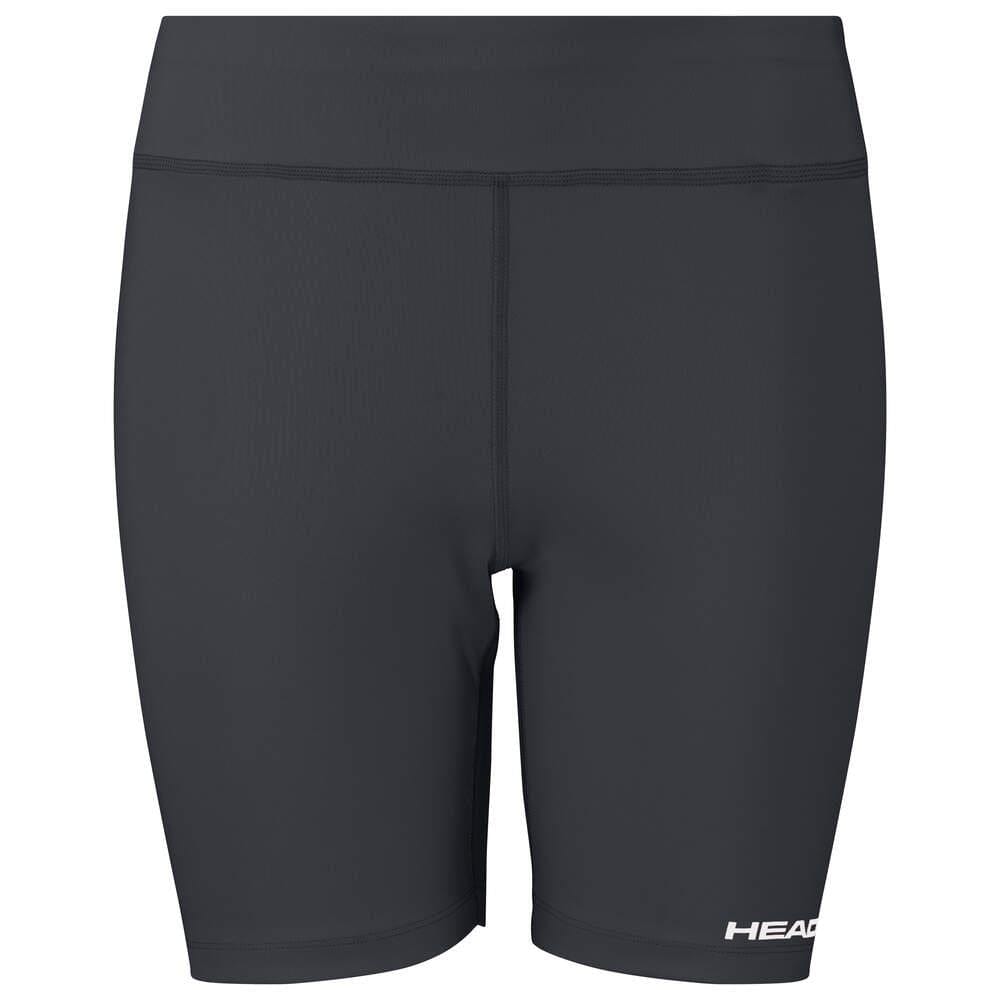 The HEAD Vision Women's Short Tights in black offer a snug fit and high waistband, adorned with the brand logo "HEAD" in white lettering on the lower right side. Constructed with Moisture Transfer Microfiber, these shorts ensure ultimate comfort and performance.