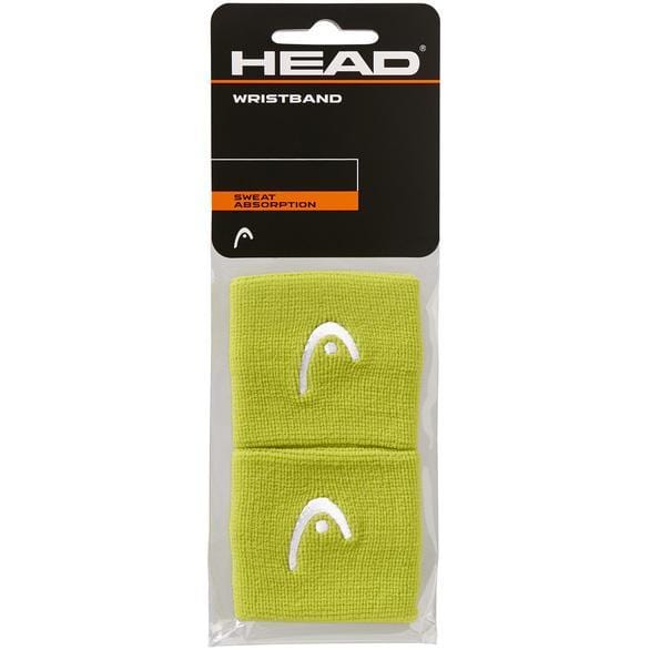 This set of two HEAD 2.5" Badminton Wristbands in lime, featuring the brand "HEAD" and its symbol on the packaging, is designed for superior sweat absorption and elasticity. They are attractively displayed in a clear plastic wrap.