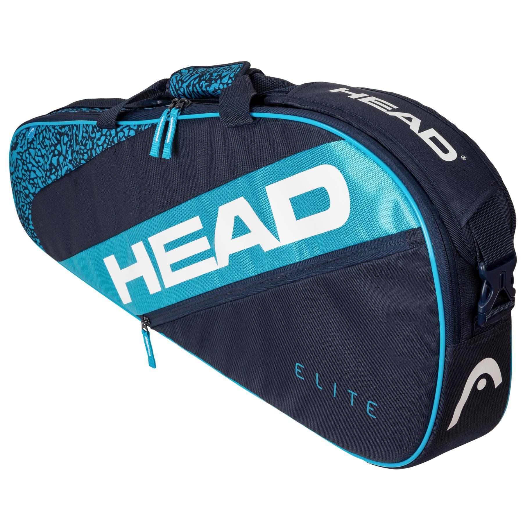 The HEAD Elite 3R 3 Racket Bag - Blue / Navy is a sturdy racket bag featuring "HEAD" prominently in large white letters. It offers a zippered compartment, an extra pocket, and an adjustable strap. The word "ELITE" appears near the bottom alongside the brand's logo, with a turquoise-colored zipper accentuating its design.