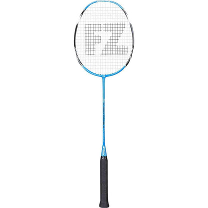 The FZ Forza Dynamic 8 Junior Badminton Racket in Blue Aster features a black handle and a white stringed head, with the letters "FZ" printed on its surface. This stylish starter racket includes subtle accents on the frame and has a head-heavy balance, making it perfect for skill development.