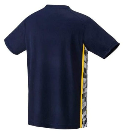 The back view of the Yonex 16738EX Lee Chong Wei LCW Badminton T-Shirt in navy blue showcases short sleeves with yellow side stripes and a patterned black and white design, capturing the high-performance spirit and precision of Lee Chong Wei's iconic style.