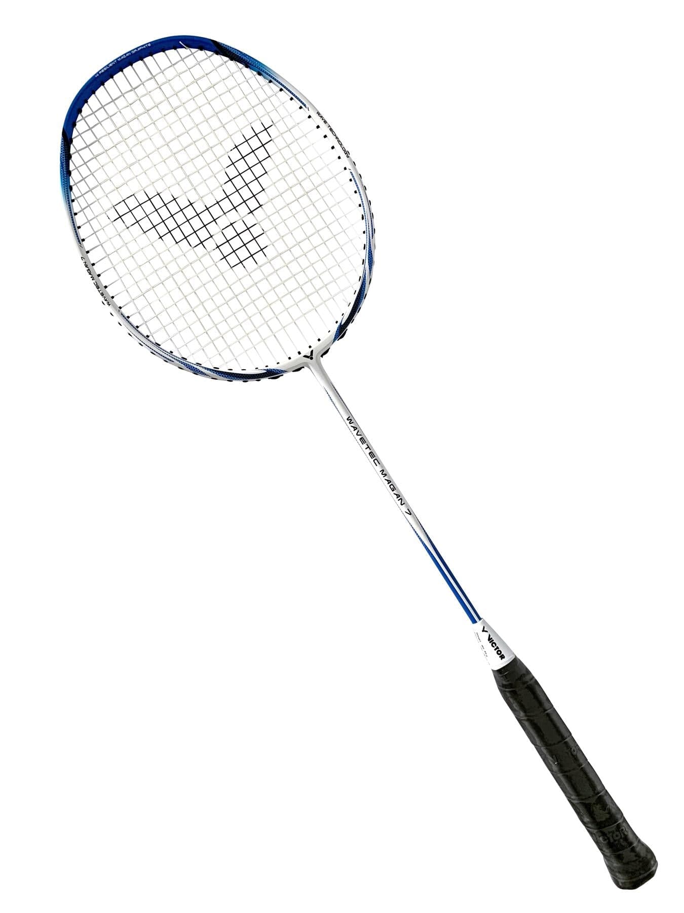 The Victor WaveTec Magan 7 3U Badminton Racket in white from the brand Victor boasts a stylish design with a white frame, black grip, and blue accents on the head. Ideal for intermediate players, its slender shaft boosts performance, and the strings create an eye-catching pattern featuring a logo at the center.