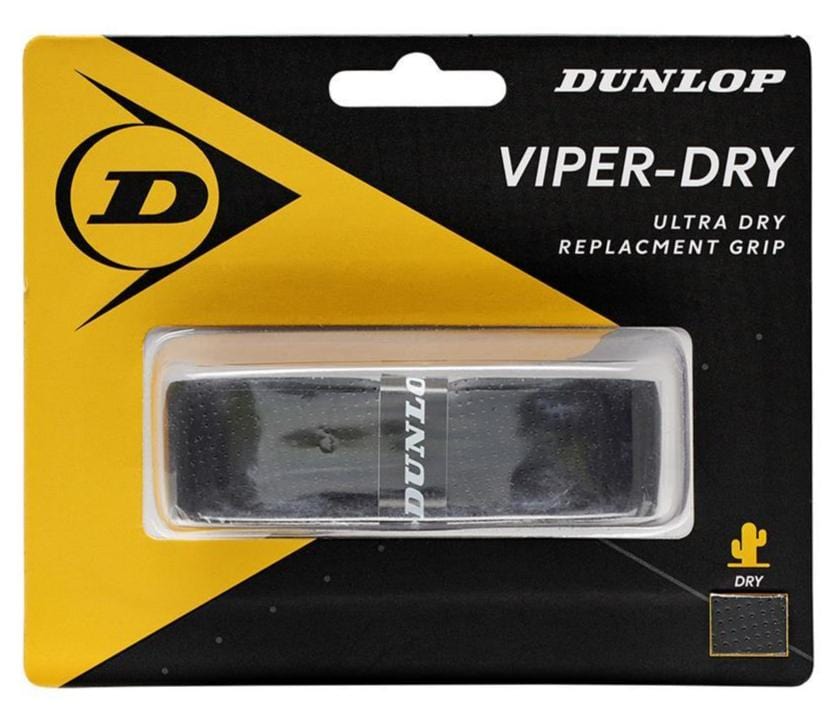 The packaging for the Dunlop Viper-Dry Replacement Badminton Grip in black showcases a yellow and black design adorned with the Dunlop logo and a small cactus icon, representing dryness. Known for its exceptional durability and ability to absorb perspiration, the grip is visible through a transparent window.