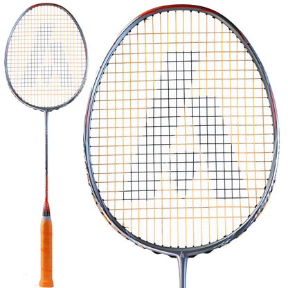 The Ashaway Phantom Shard 3 3U badminton racket, in a striking orange color, features a metallic frame with Shardtech technology, complemented by Zymax 68TX strings and a stylish 'A' design for a modern look.