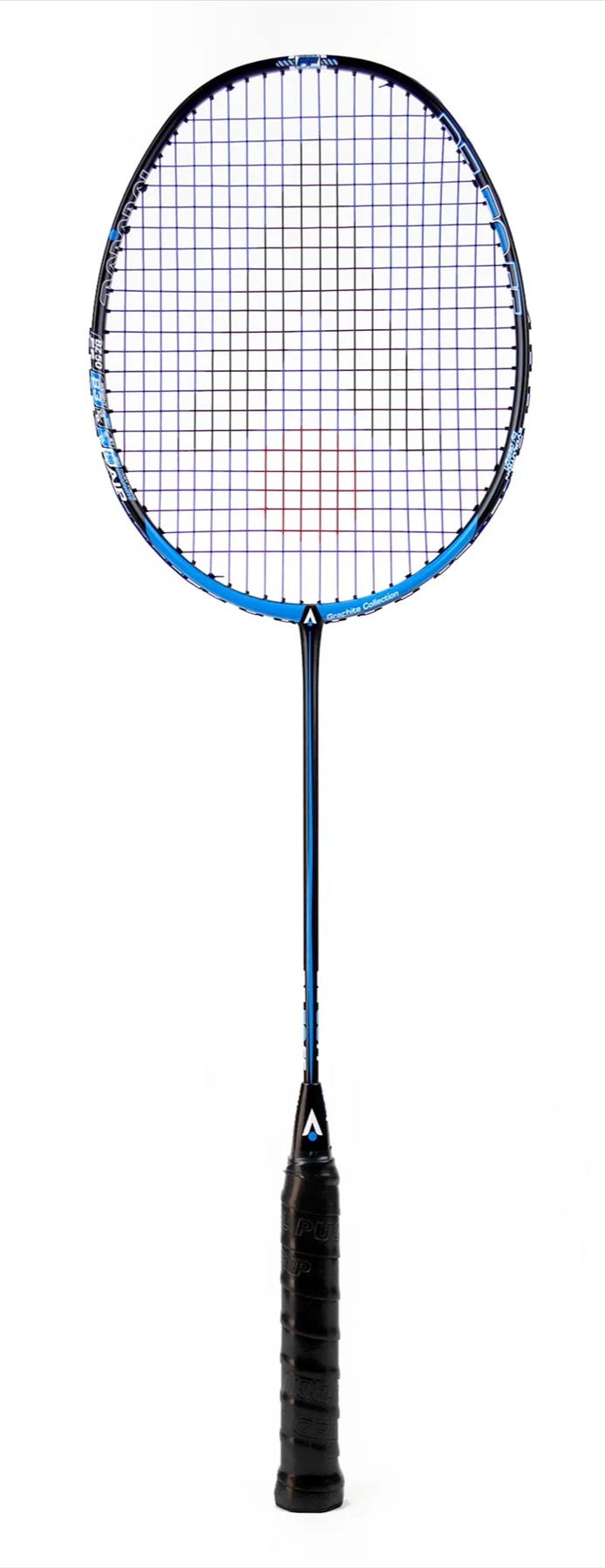 A Karakal BZ 50 2.1 badminton racket in black and blue, featuring an isometric square head, a mesh string pattern, and a black grip handle, is standing upright against a white background.