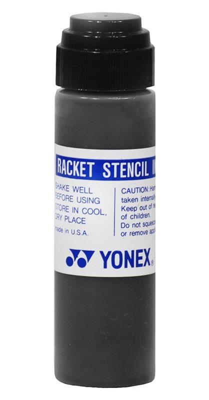 Yonex Stencil Ink - Black features a handy sponge applicator to assist with easy application. The label recommends shaking well before use and applying cautiously to racket strings. For safety, store this product in a cool, dry place and keep it out of the reach of children.