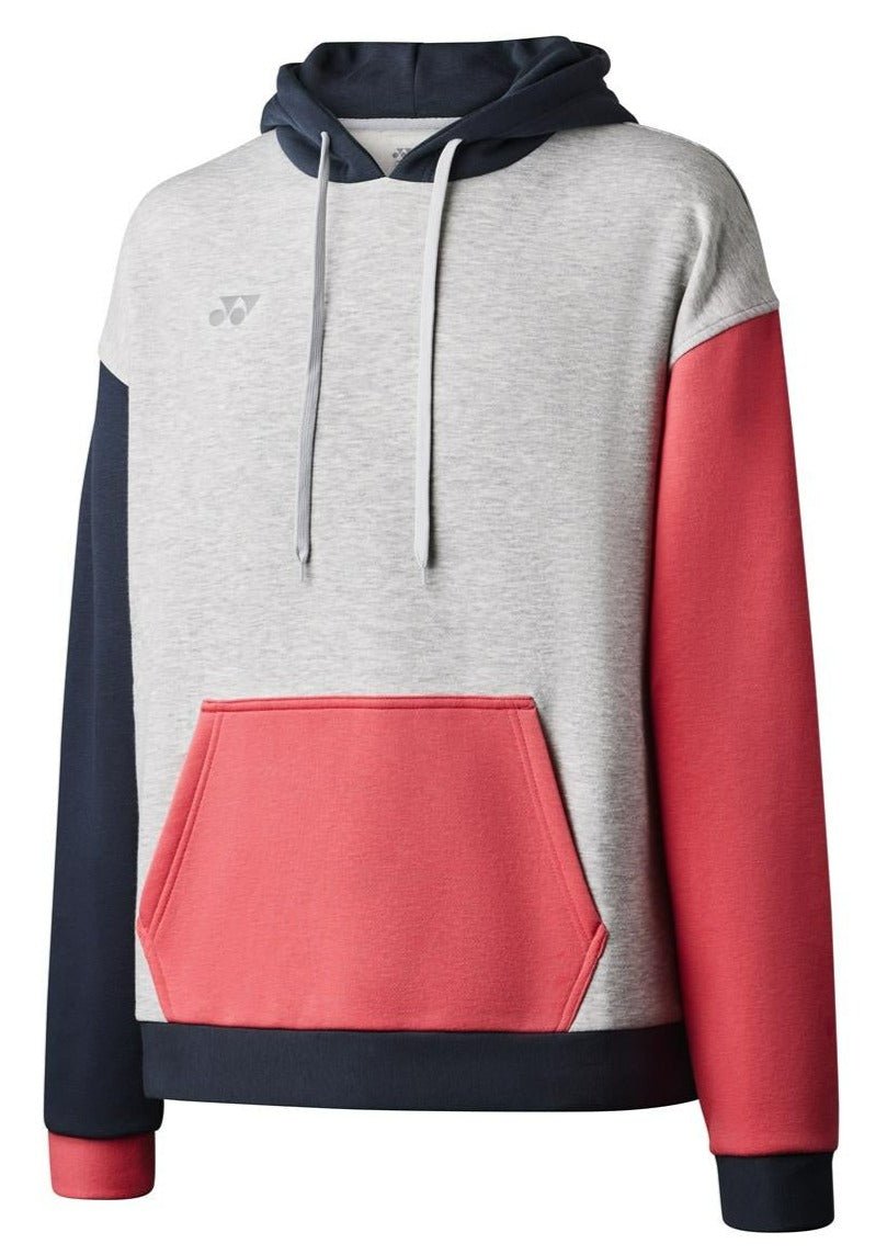 The Yonex YHD123 Unisex Badminton Hoodie by Yonex delivers premium comfort with its stylish color-block design, showcasing a light gray body, gunmetal hood and sleeves, and cerise accents. This eye-catching piece of sportswear is completed with white drawstrings and a small chest logo.