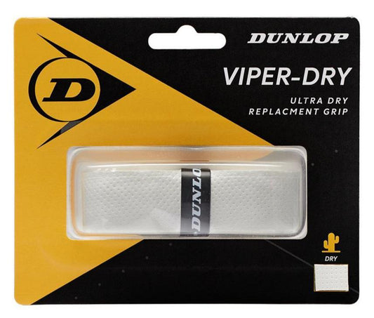 The packaging of the Dunlop Viper-Dry Replacement Badminton Grip - White showcases its remarkable durability. This white grip, featuring the Dunlop logo set against a vivid yellow and black background, is tailored for sports equipment and includes an icon symbolizing perspiration absorption to provide an exceptional ultra-dry feel.