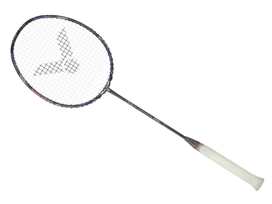 The Victor Thruster Ryuga II Pro 4U badminton racket by Victor features a Mazarine Blue frame with a white grip and a distinctive logo on the strings, elegantly angled to the left against a plain white background.