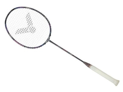 The Victor Thruster Ryuga II Pro 4U badminton racket by Victor features a Mazarine Blue frame with a white grip and a distinctive logo on the strings, elegantly angled to the left against a plain white background.