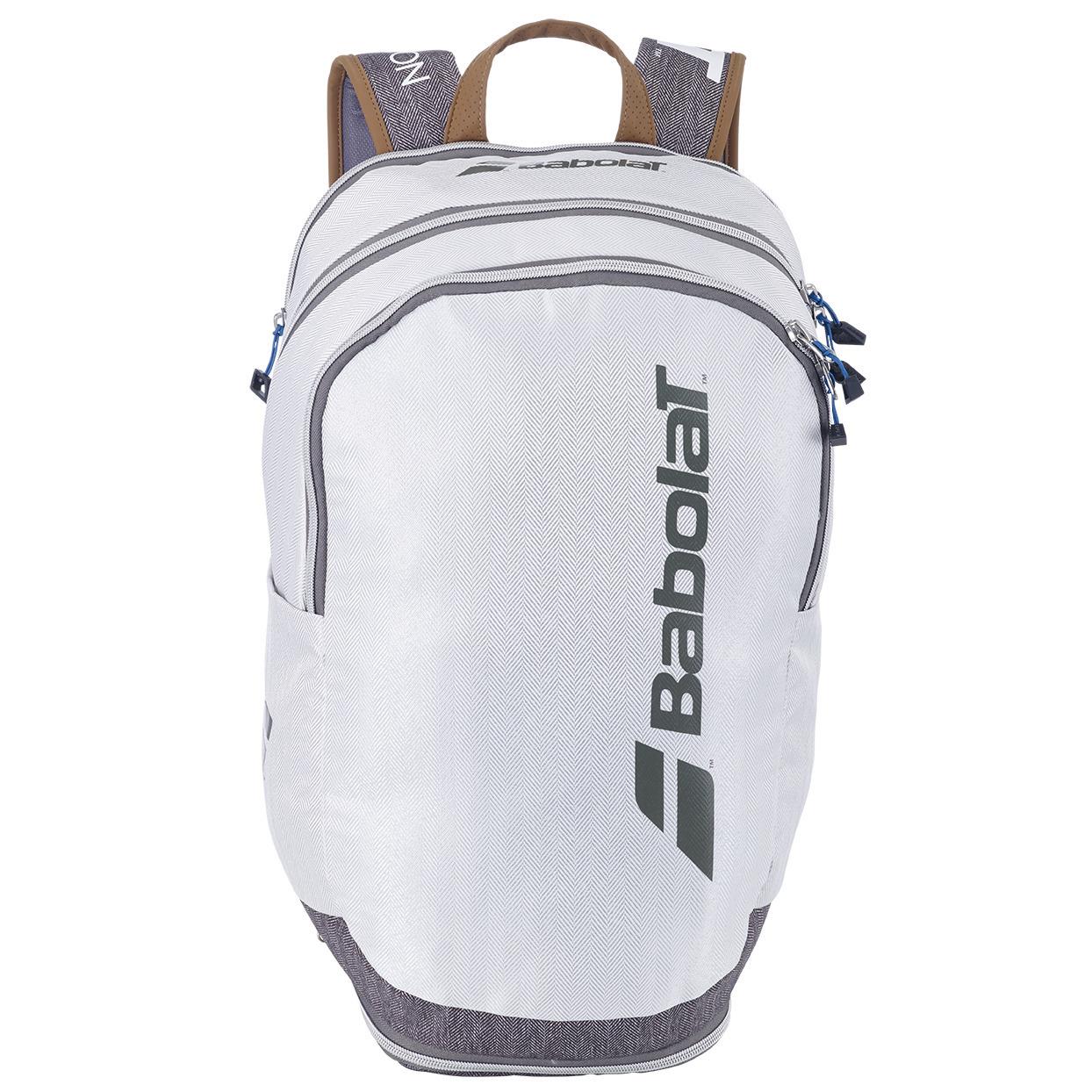 The Babolat Wimbledon Court Badminton Backpack - Grey includes multiple zippered compartments and proudly displays the iconic brand logo on the front. Ideal for tennis players, its brown padded straps provide comfort during extended matches.