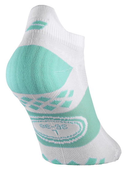 Close-up of the Babolat Pro Crew Women's Badminton Socks in white and cockatoo, highlighting the sole and heel area. These sports socks offer grip patterns on the bottom for enhanced traction and feature Dri-Release technology for moisture management. Designed with 360-degree support, they are perfect for athletic activities.