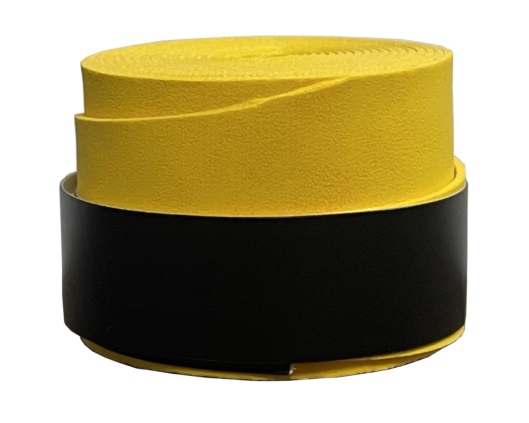 A neatly rolled coil of textured tape in bright yellow, resembling the Badminton Overgrip from Badminton HQ, secured with a black band and set against a white background.