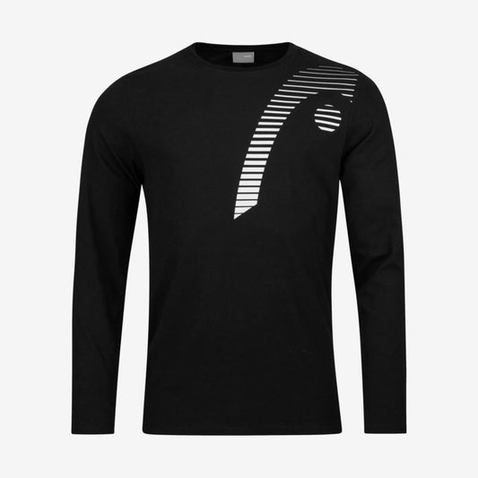 The HEAD Club Cliff Men's Long Sleeve Top - Black by HEAD features a chic white geometric pattern, characterized by diagonal lines and a semicircular shape on the upper front. Made from a technical blend of polyester and cotton, this shirt ensures optimal moisture absorption for superior comfort.