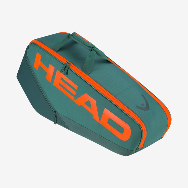 The HEAD Pro Racket Bag - L - DYFO in green and orange prominently displays the brand name "HEAD" in large, bold letters on the side. This bag, featuring a sturdy top handle and streamlined design, is equipped with climate control technology to ensure your gear stays in optimal condition.