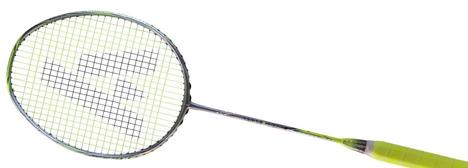 The Ashaway Phantom Shard 4 4U Badminton Racket - Yellow boasts exclusive Shardtech technology with grid-patterned strings and a vibrant yellow handle grip for precision and comfort on the court.