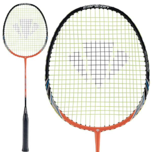 The Carlton Spark V810 Badminton Racket - Black / Orange is an ideal choice for beginners, featuring an orange frame complemented by a black grip, vibrant green strings, and the logo prominently displayed on the racket head.