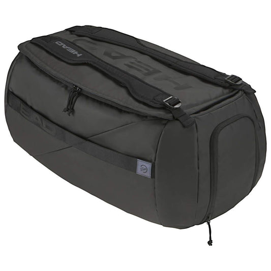 The HEAD Pro X Duffle Bag L - Black is a sleek, eco-conscious bag that features multiple zippers, a large main compartment with adjustable dividers, side pockets, and sturdy handles. The brand name "HEAD" is prominently displayed on the top.