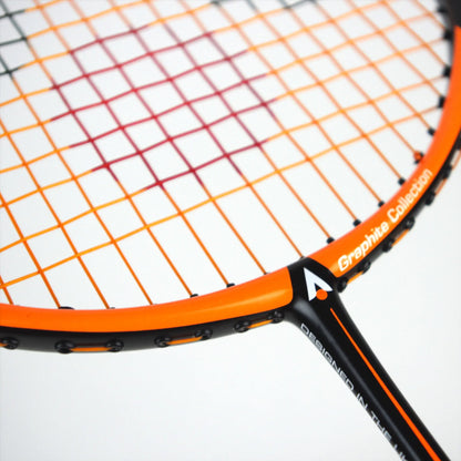 Close-up image of a badminton racket with an orange frame and an isometric head. The strings are alternately colored in purple and yellow. The frame proudly displays the text "Graphite Collection," reminiscent of the sleek design seen in Karakal BZ 30 2.1 models from Karakal.