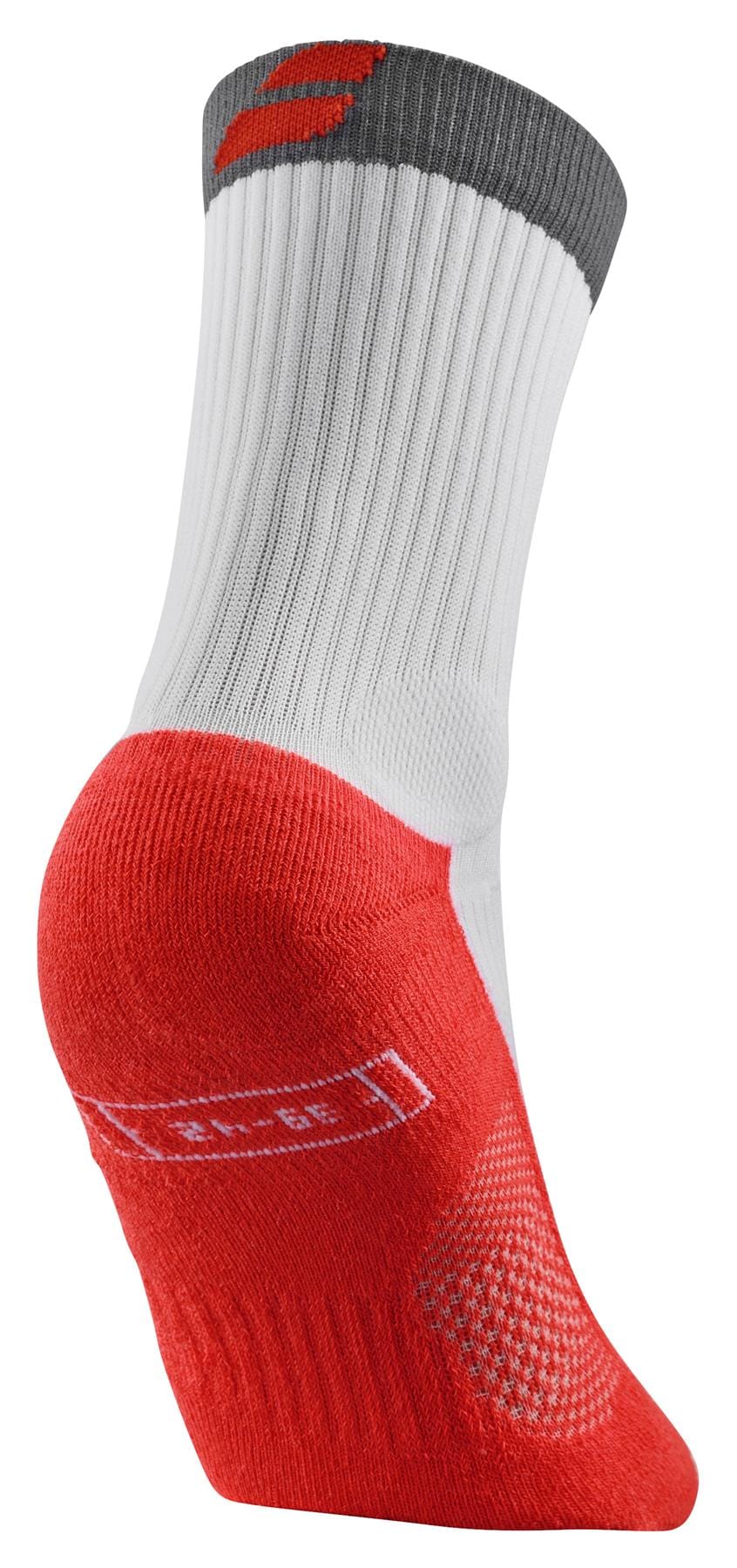 The Babolat Pro 360 Men's Badminton Sock in White and Strike Red showcases a design with bright red heel and toe areas, underfoot cushioning, and a main body crafted from Fiber Dry-polyester with a ribbed texture. The cuff features gray coloring along with a small red Babolat logo.