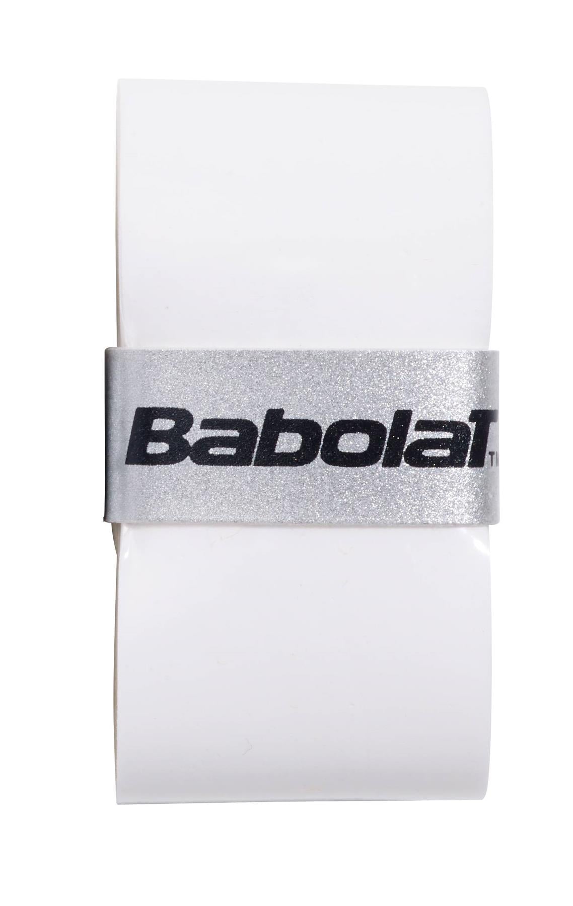 A roll of the Babolat Pro Tour 2.0 Comfort Badminton Overgrip in white, featuring a silver band around the middle with the Babolat logo printed in black text, is perfect for advanced players seeking superior performance.