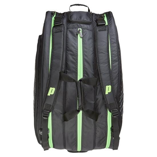 The Prince Tour Challenger 9 Racket Bag - Black, by Prince, is a stylish black racket bag featuring multiple compartments and adjustable shoulder straps. It includes neon green accents, thermal protective lining, and padding for enhanced comfort while securely holding your rackets and gear.