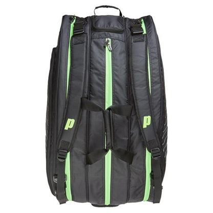 The Prince Tour Challenger 9 Racket Bag - Black, by Prince, is a stylish black racket bag featuring multiple compartments and adjustable shoulder straps. It includes neon green accents, thermal protective lining, and padding for enhanced comfort while securely holding your rackets and gear.