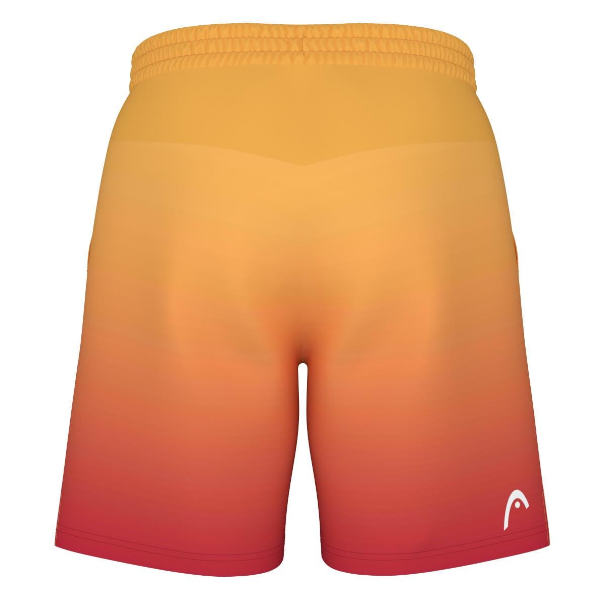 Back view of the HEAD Vision Power II Men's Badminton Shorts in yellow and red, showcasing moisture transfer microfiber and 4-way stretch technology, designed with an elastic waistband. A subtle logo is printed on the lower left side.