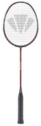 The Carlton Velocitex V300 badminton racket, in a striking dark red and black color scheme, features a triangular logo on the string pattern. Its sleek design is highlighted by a thin shaft, an oval-shaped head, and an XTREME Tension Frame to boost performance.