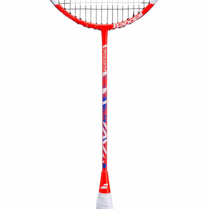 The Babolat Speedlighter Badminton Racket - Red features a striking red racket head with prominent "Babolat" branding. The shaft is designed with an eye-catching pattern of red, blue, and white, and the grip is wrapped in elegant white tape. Perfect for young players looking for a racket with a head-heavy balance.