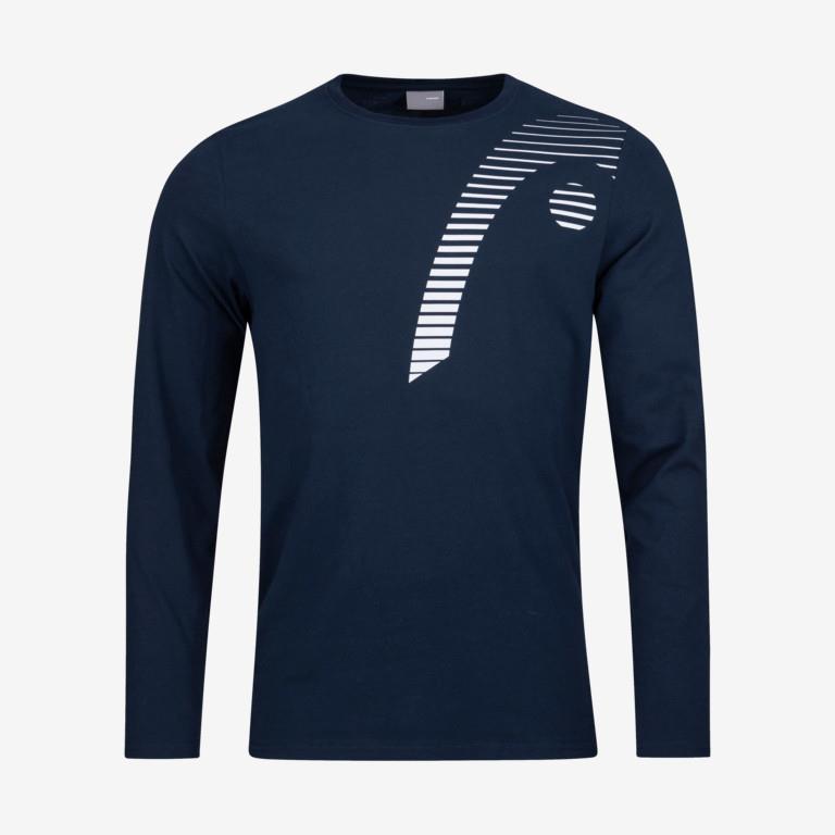 The HEAD Club Cliff Men's Long Sleeve Top - Dark Blue from HEAD showcases a graphic design on the upper left side, featuring white diagonal lines and a circular shape. Constructed from a technical blend of polyester and cotton, it provides moisture-absorbing properties for added comfort.