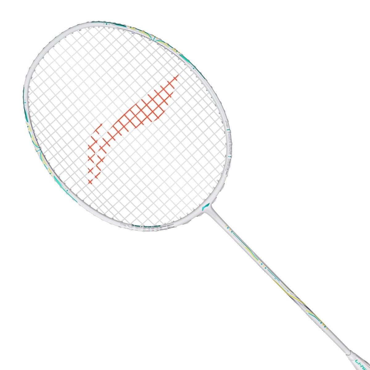 The Li-Ning Axforce 60 4U badminton racket, crafted by Li-Ning, showcases a sleek white frame with red-patterned strings. It incorporates FRTP technology to boost performance. Its slim white handle is accented with a hint of color on the shaft against a bright white canvas.