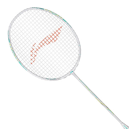 The Li-Ning Axforce 60 4U badminton racket, crafted by Li-Ning, showcases a sleek white frame with red-patterned strings. It incorporates FRTP technology to boost performance. Its slim white handle is accented with a hint of color on the shaft against a bright white canvas.