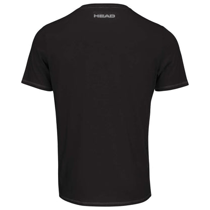 The image features the HEAD Club Basic Men's Badminton T-Shirt in black, displaying a distinct HEAD print near the neck on the back. This t-shirt is crafted from a blend of polyester and cotton and is shown from the back to emphasize its straightforward, plain design.