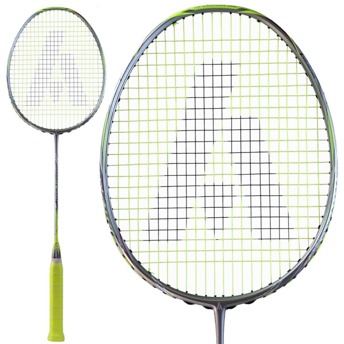 The Ashaway Phantom Shard 4 4U badminton racket features a yellow grip and strings with a bold gray logo on the head. An enlarged view showcases the logo against vibrant strings, complemented by the sleek silver frame, integrating advanced Shardtech technology for top performance.