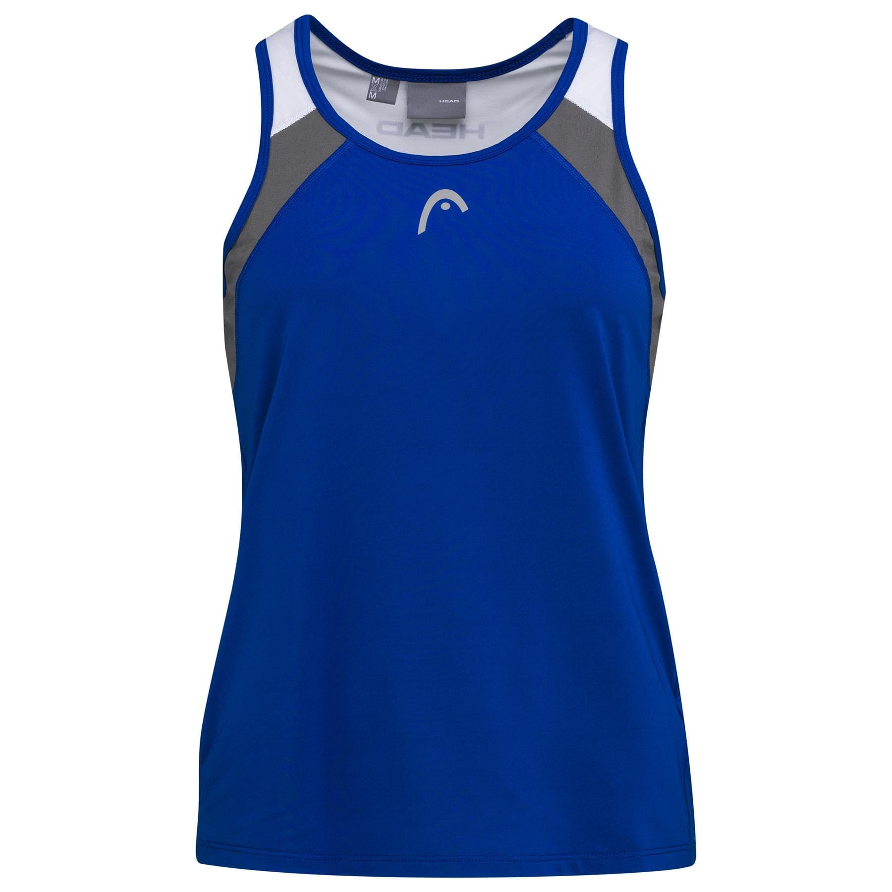 This HEAD Womens Club 22 Badminton Tank Top in royal blue is a sleeveless athletic piece highlighted by white and gray accents. Incorporating Moisture Transfer Microfibre technology, it promises superior comfort and features the HEAD logo on the chest, making it an ideal choice for style and performance alike.