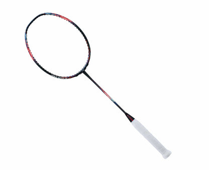 The Li-Ning Axforce 90 Tiger Max badminton racket, also known as Molten Lava, showcases a black frame made from military-grade carbon fiber and a white grip handle, angled slightly to the right against a plain white background.